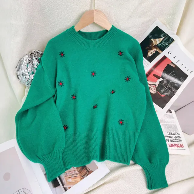 Women's Casual Embroidered Flower Sweater Green - Shop at LoveMi
