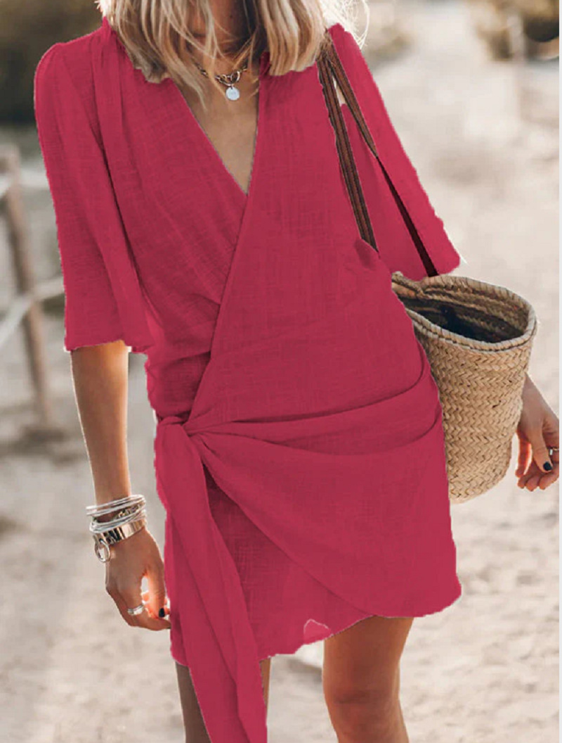 Cotton And Linen Cross V-neck Solid Color Dress