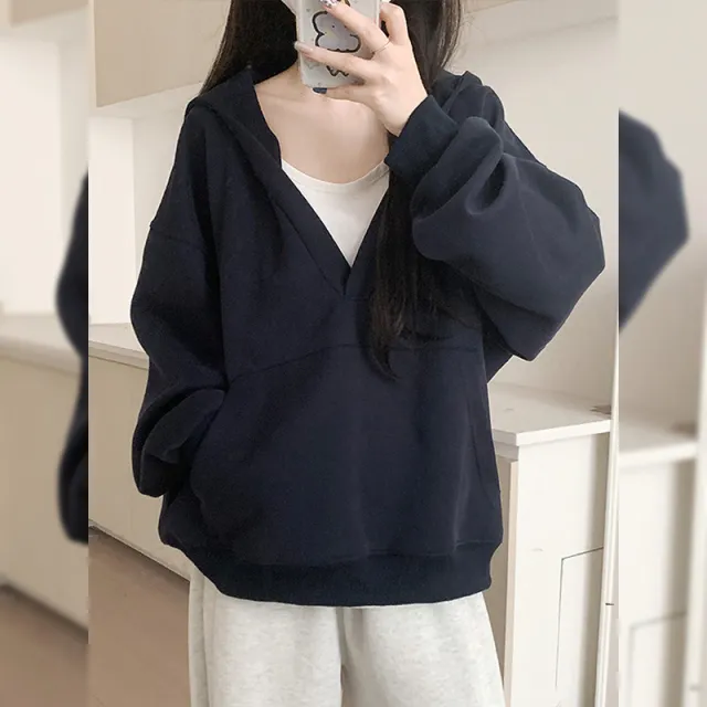 Gray Hooded Sweater For Women Fleece lined Thick Loose Casual Sweatshirt Navy Blue - Shop at LoveMi