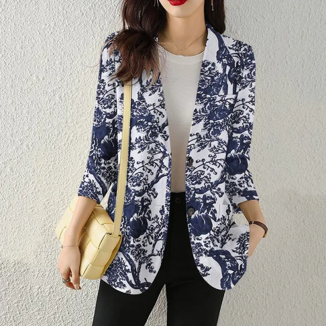 Women's Button Printed Long sleeved Pocket Vintage Cotton And Linen Blazer White - Shop at LoveMi
