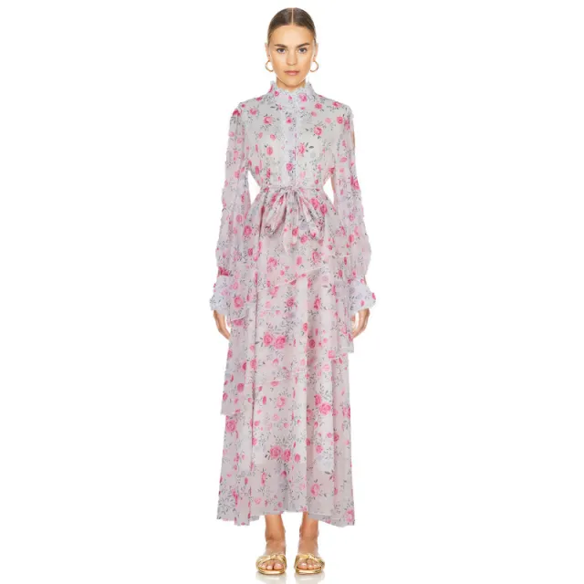 Autumn And Winter Lace Stitching Sweet Printed Ruffled Irregular Dress Women Pink - Shop at LoveMi