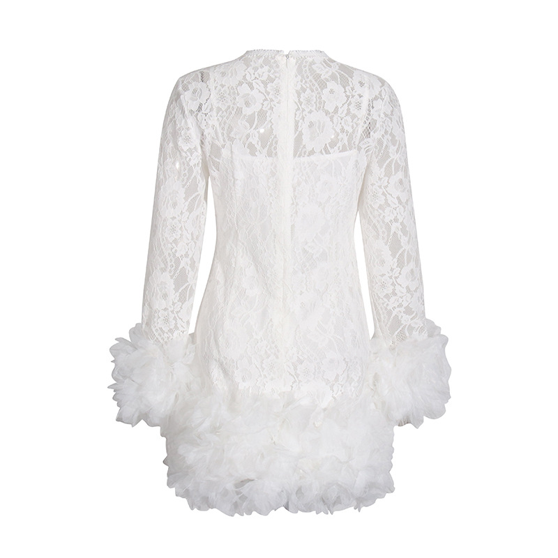 Lace Round Neck Stitching Mesh Long Sleeve Short Skirt