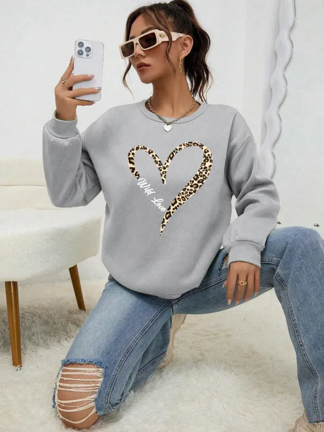 Leopard Wild Heart Pattern Print Female Sweatshirt Set Fur L Gray - Shop at LoveMi