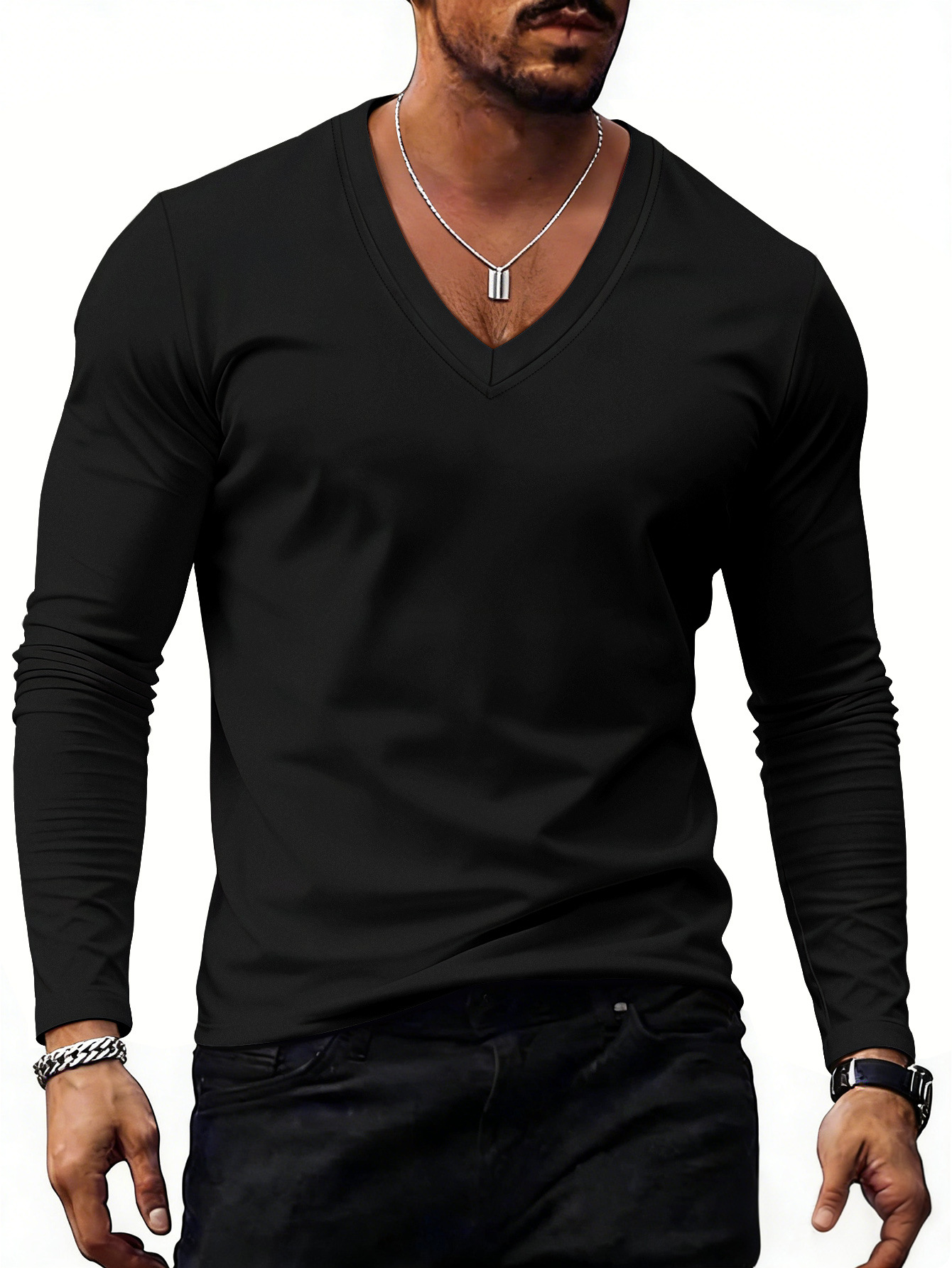 Mens Solid-Color Plus-Size Casual V-Neck T-Shirt