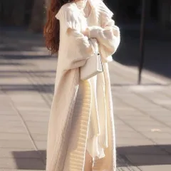 Design Mid-length Large Lapel Idle Style Knitted Cardigan Sweater - White - View 1