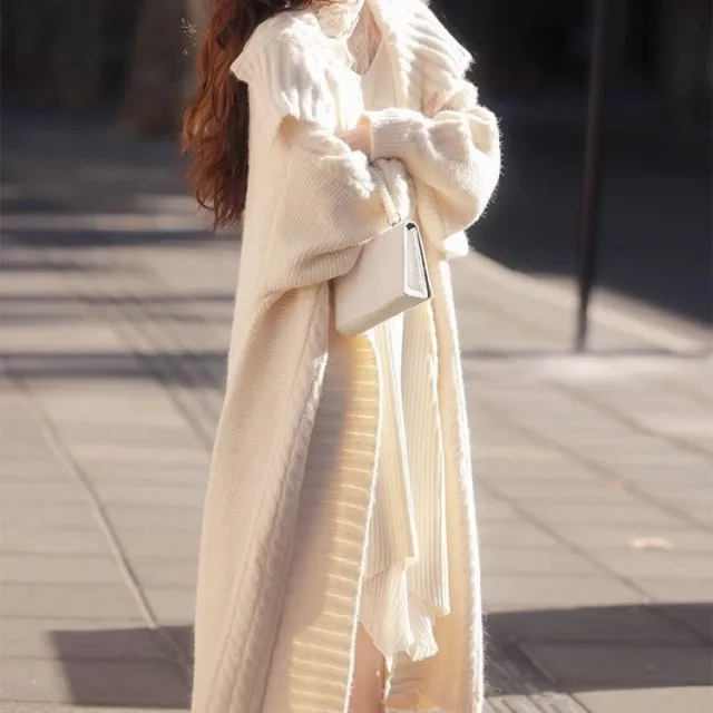 Design Mid length Large Lapel Idle Style Knitted Cardigan Sweater White - Shop at LoveMi