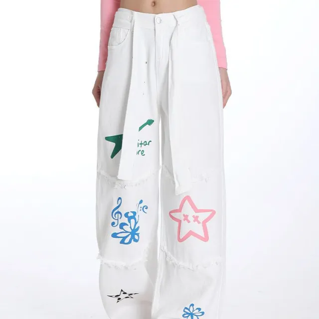 Women's Springsummer High Waist Drooping Pear Shapes Stitching Style Printed Jeans White - Shop at LoveMi