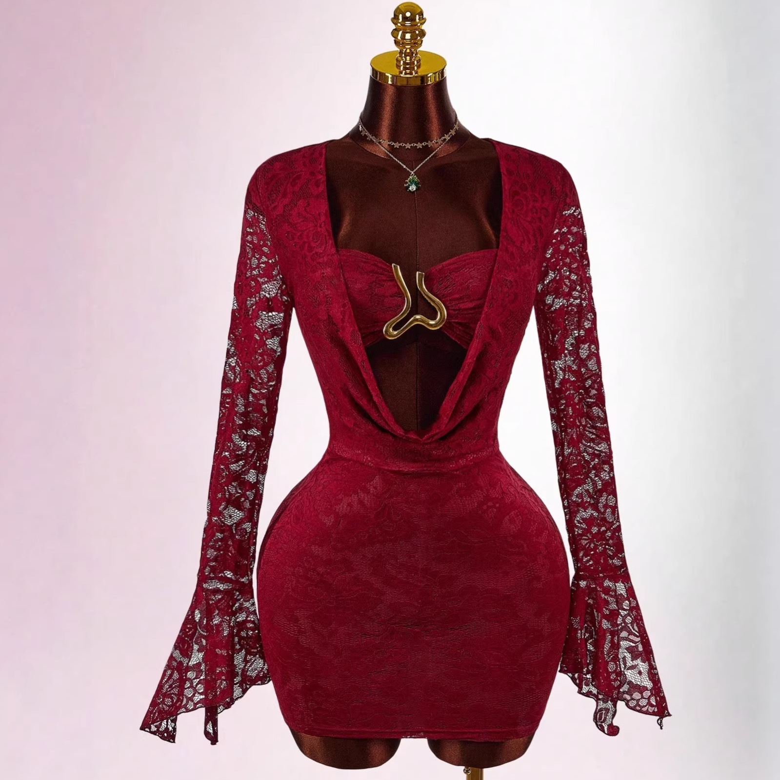 Lace Sheer Patchwork Metal-Trimmed Bodycon Mini Dress