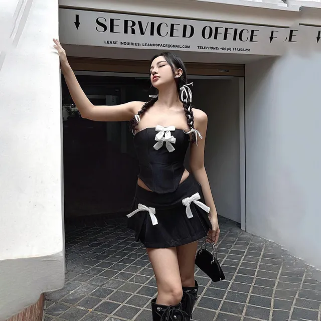 Bow Design Tube Top Vest Skirt Suit Black - Shop at LoveMi