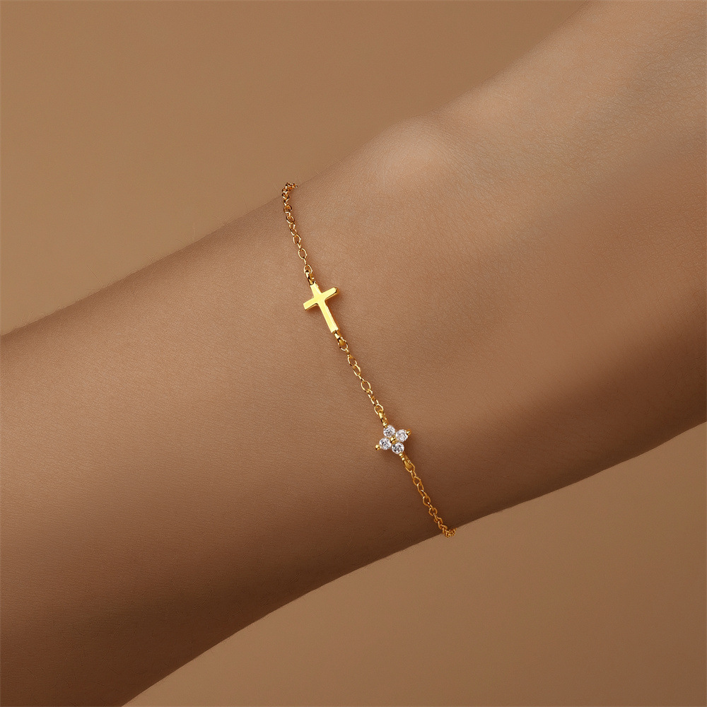 Smooth-surface Diamond-encrusted Cross And Petal Light-luxury Bracelet