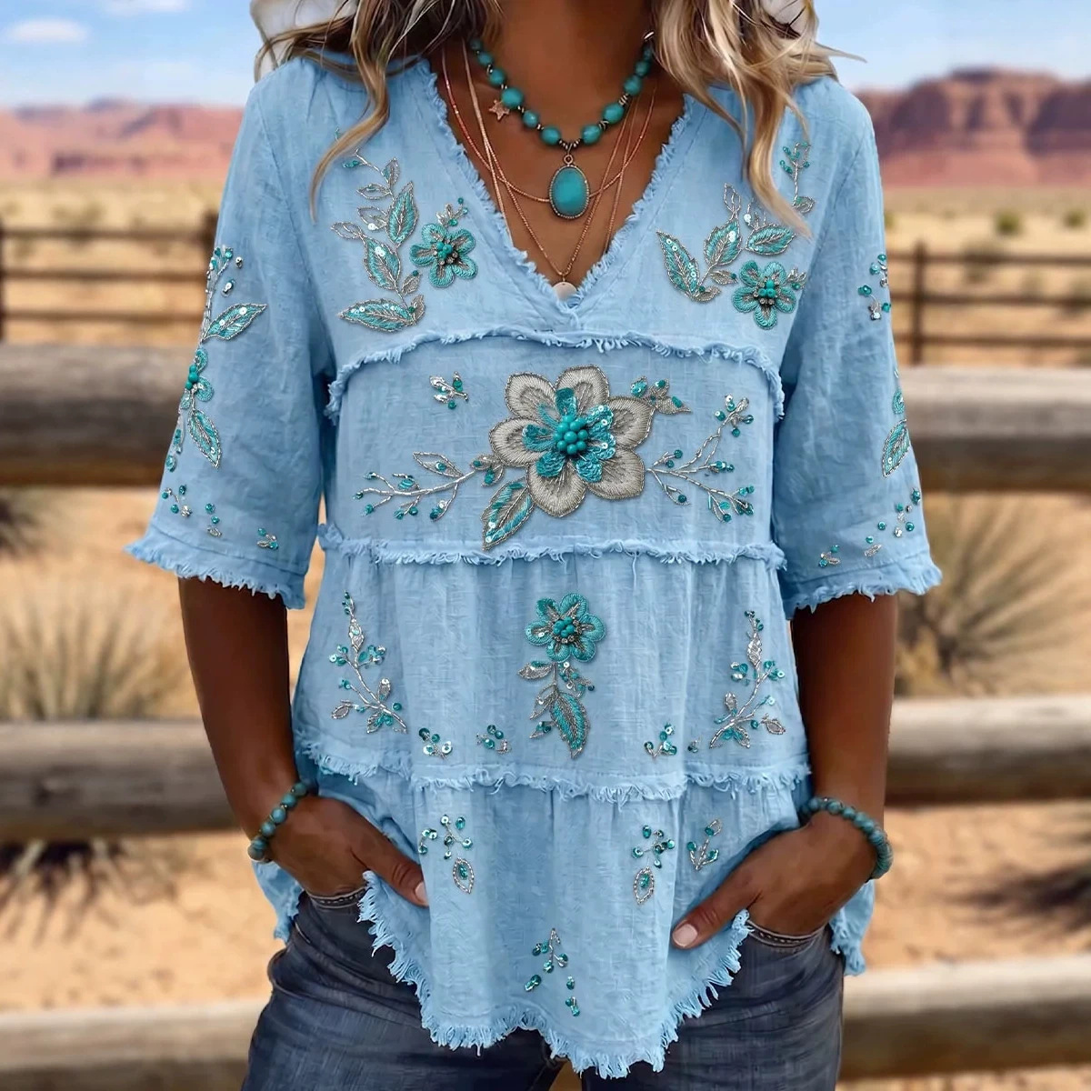 Womens Short-Sleeve Retro-Print V-Neck Top