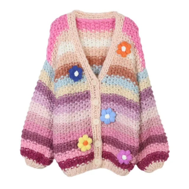 European And American Style Rainbow Pure Handmade Small Flower Striped Lazy Thick Needle Sweater Pink - Shop at LoveMi
