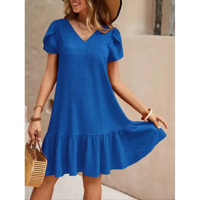 V neck Solid Color Loose Casual Short Sleeve Dress Blue - Shop at LoveMi