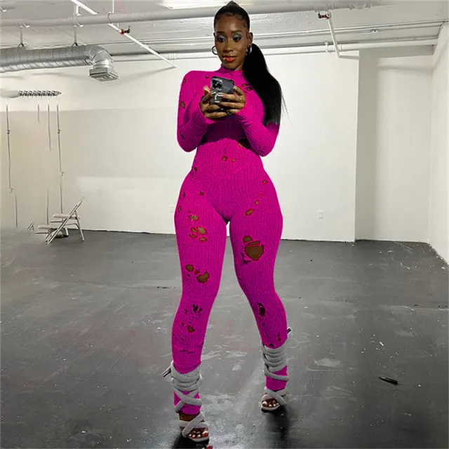 Autumn Women's Fashion Casual Knitted Ripped Hollow out Tight Jumpsuit Rose - Shop at LoveMi