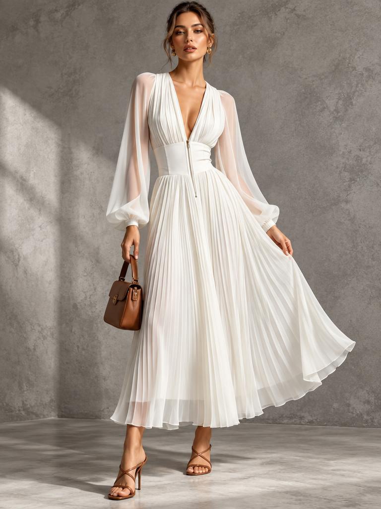 Women's Deep V-Neck Long-Sleeve Chiffon Dress With Puffed Sleeves 272ed1c5 3fe8 4095 Aafc 39e3214330a1