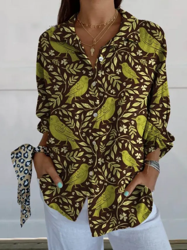 Flowers Print Long Sleeve Shirt Fashion Stand Collar Button Tops For Women Clothing Tan - Shop at LoveMi