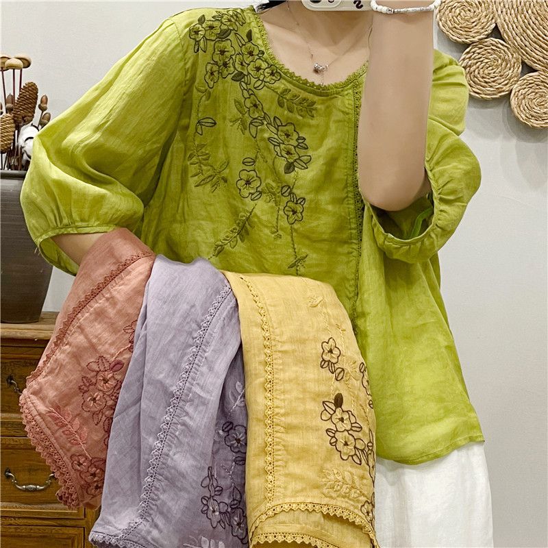 Cotton And Linen Thin Embroidery T-shirt Female Art Blouse