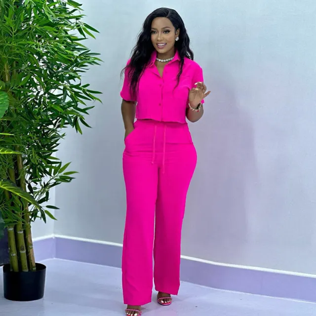 Solid Color Short Sleeve Fashion Casual Two piece Suit Rose Red - Shop at LoveMi