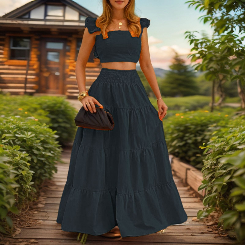Chic Sexy Solid-color Mid-rise Slip Dress With A Flared Skirttwo-piece Set
