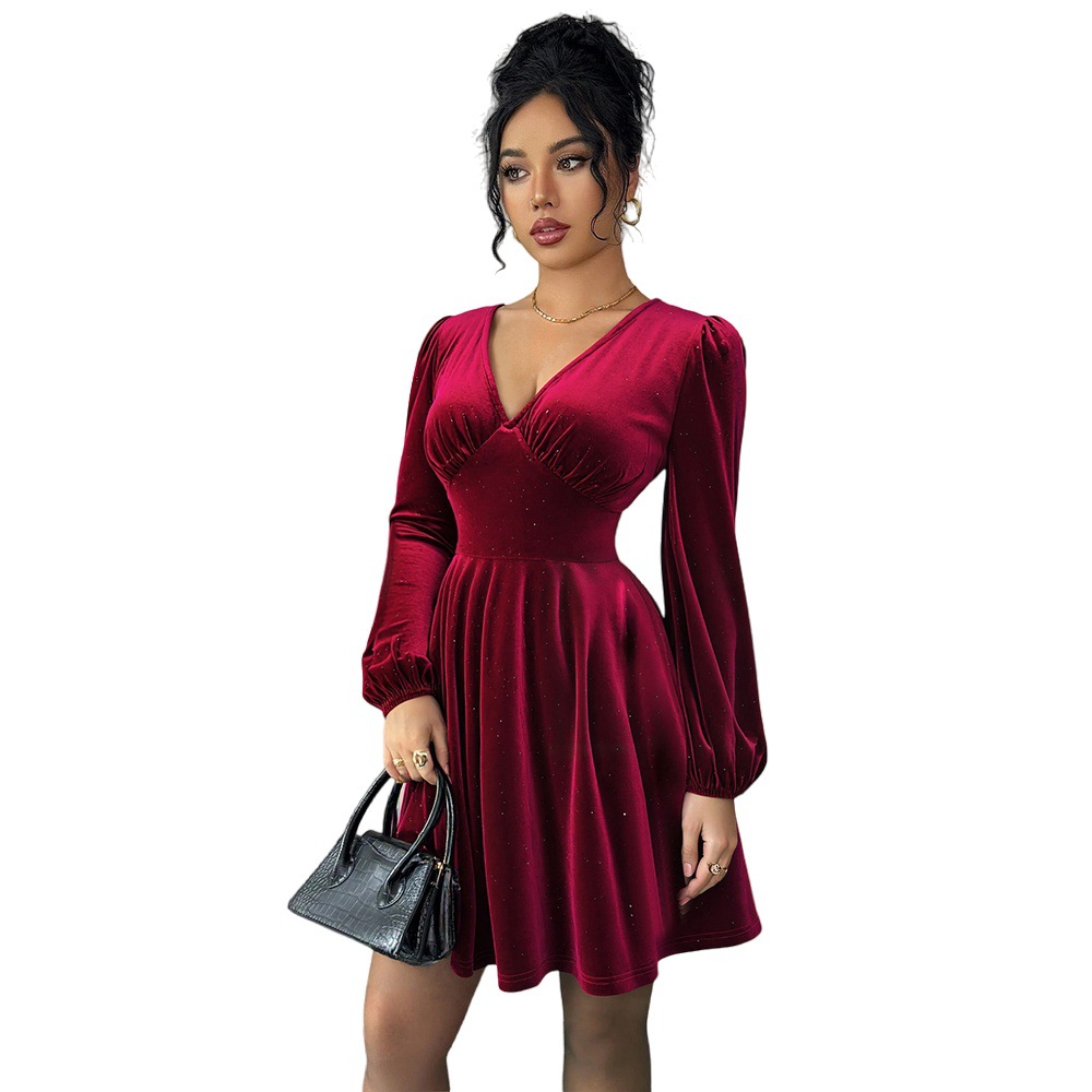 Retro Wine red Velvet V neck Dress With Lantern Sleeves Wine - Shop at LoveMi