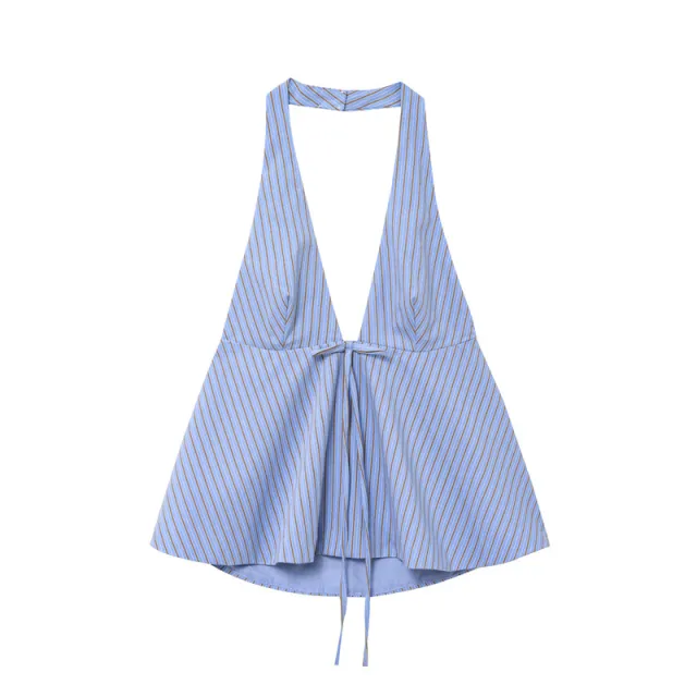 Bowknot Decoration Hanging Collar Backless Top Blue - Shop at LoveMi