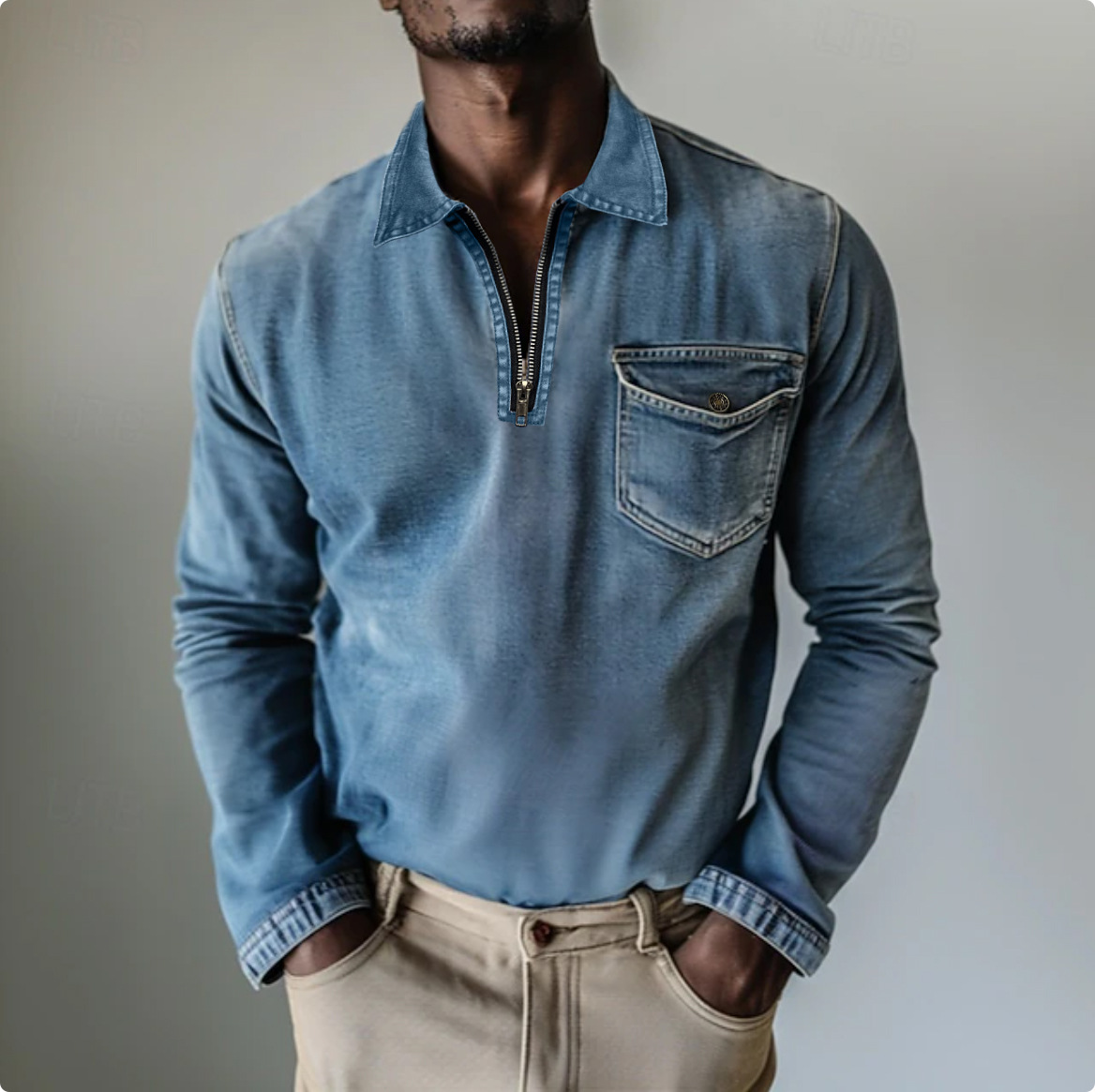 Mens Top Half-zip Lapel Denim Long-sleeve Shirt