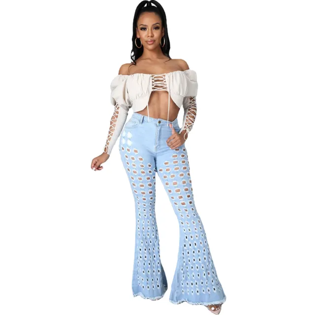 Women's Washed Hole Sanding Sexy Stretch Denim Bell bottom Pants Light Blue - Shop at LoveMi