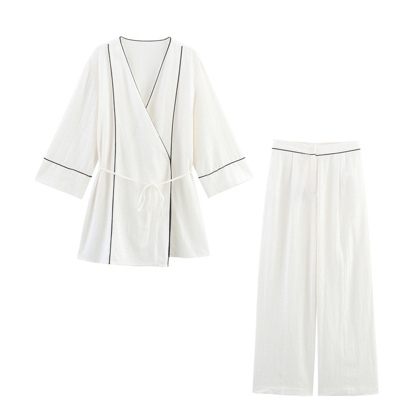 Rolled Double Breasted Coat Wide Leg Pants