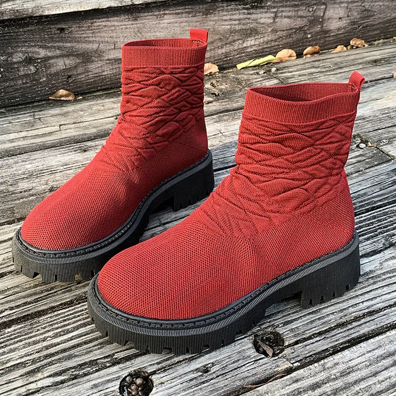 Women's Thick Heel Solid Colour Casual And Comfortable Martin Boots - Wine