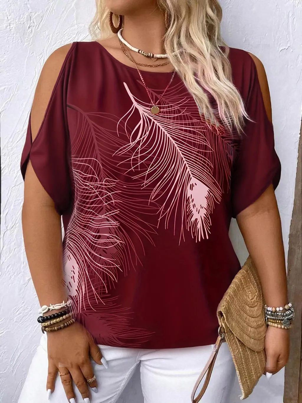 Women's Loose Round-neck Off-shoulder Top - Red