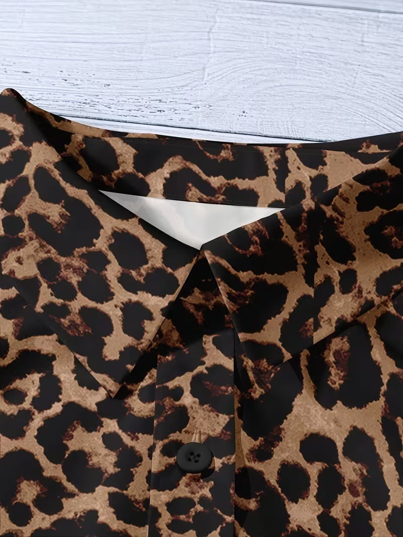 Leopard Print Statement Blouse for Women, Short Sleeve