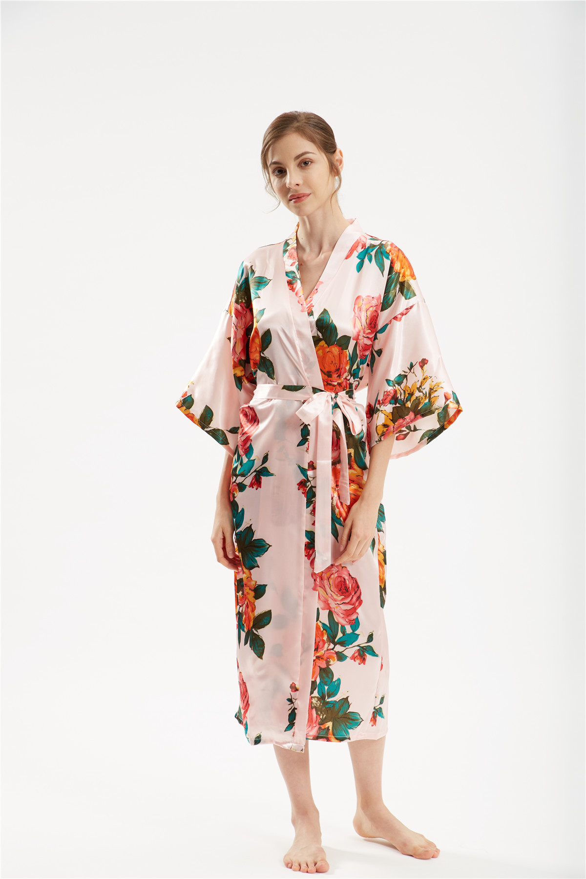 Title 7, Satin handbemalter Pfingstrose langer Kimono Yu...