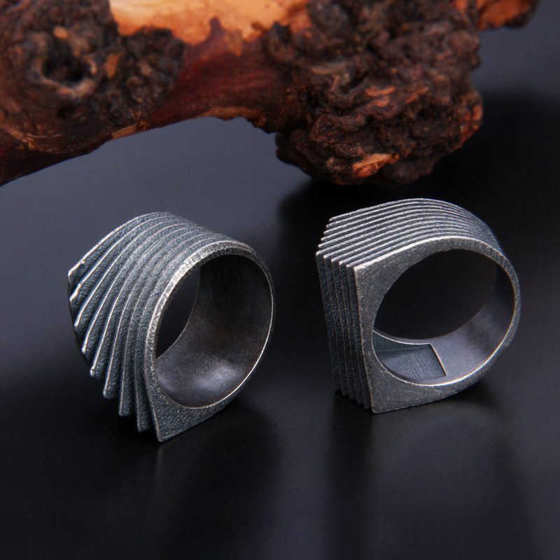 S925 Sterling Silver Retro Irregular Striped Ring