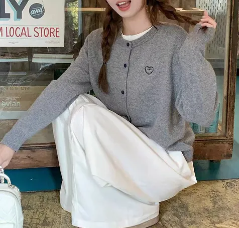 Korean Style Original Round Neck Lazy Knitted Open Sweater Light Gray - Shop at LoveMi