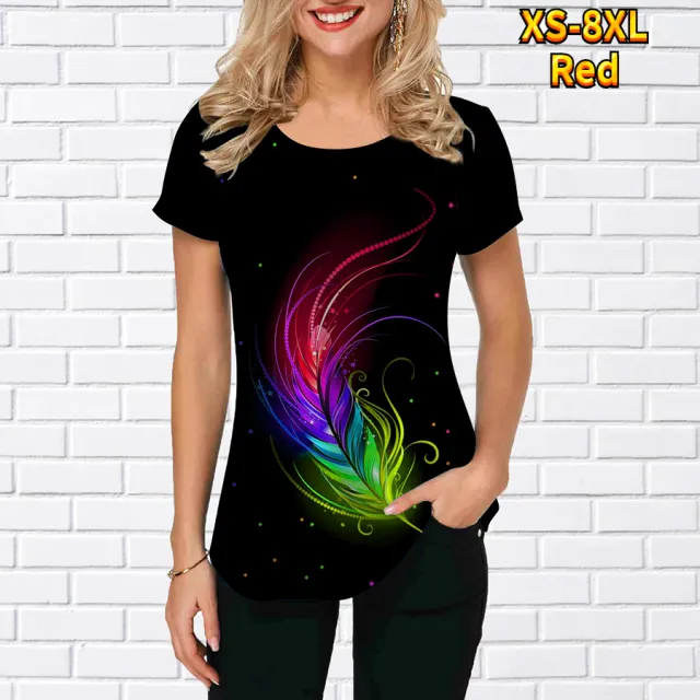 Ladies T shirt 3D Printed Garden Collar Short Sleeve T shirt Red - Shop at LoveMi