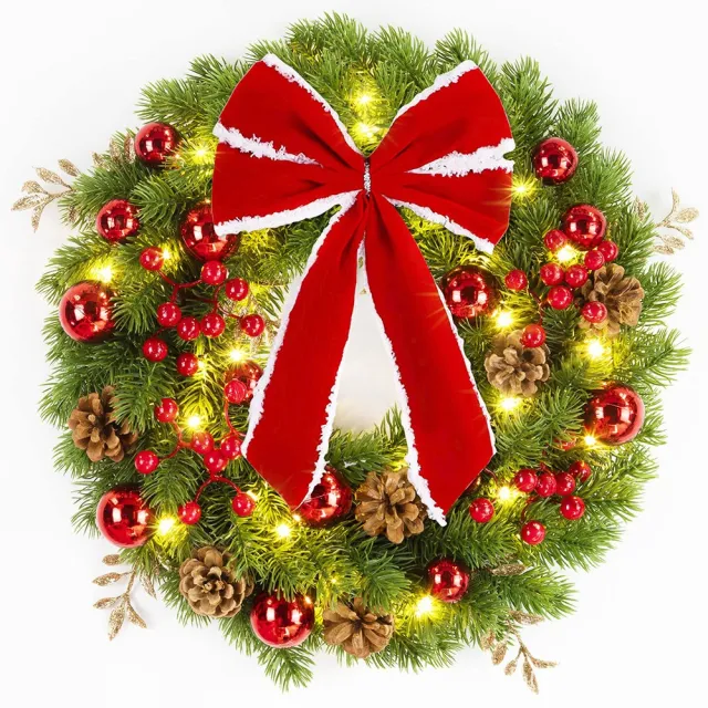 Christmas Artificial Flower Wreath With Striped Bow And Faux Pine Conescourtyard Decoration Christmas Bow Wreath - Shop at LoveMi