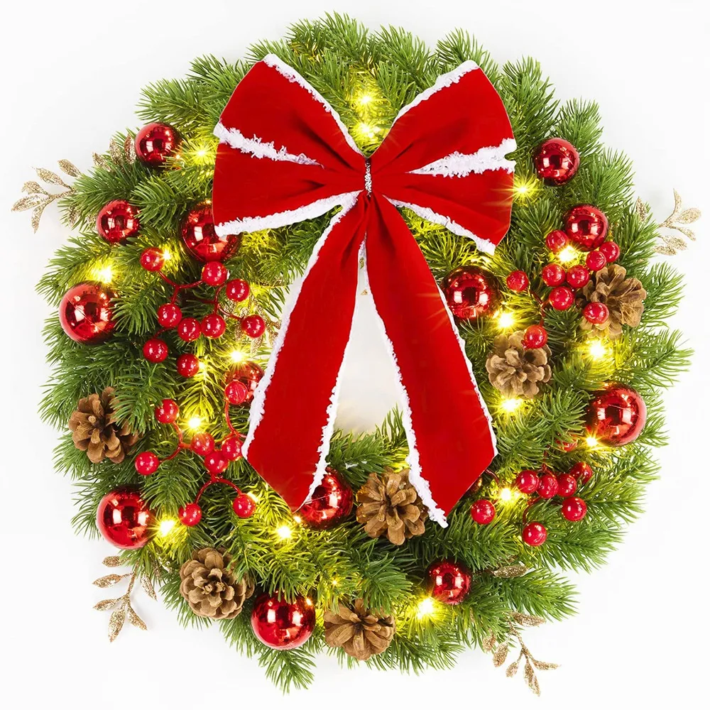 Christmas Artificial Flower Wreath With Striped Bow And Faux Pine Conescourtyard Decoration - Christmas Bow Wreath