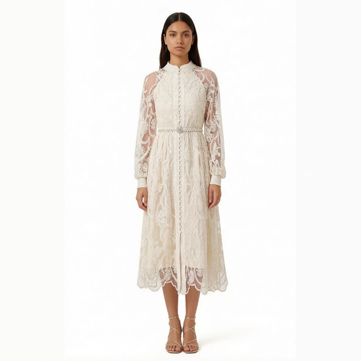 Soft-tempered Style Finely Crafted Net-like Fabric With Embroidery Long-sleeved Cardigan And Long Dress
