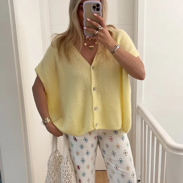 Loose Casual V neck Single breasted Knitted Cardigan Sweater Coat Yellow - Shop at LoveMi
