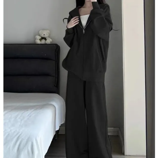 Autumn And Winter Loose Lazy Style Hooded Jacket Student Korean Version Wide leg Pants Casual Two piece Set Black - Shop at LoveMi