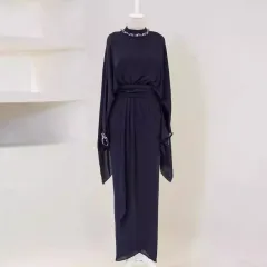 Elegant Batwing Sleeve Top Elegant Waist-tight Mid-length Dress Set - Dark Blue - View 1
