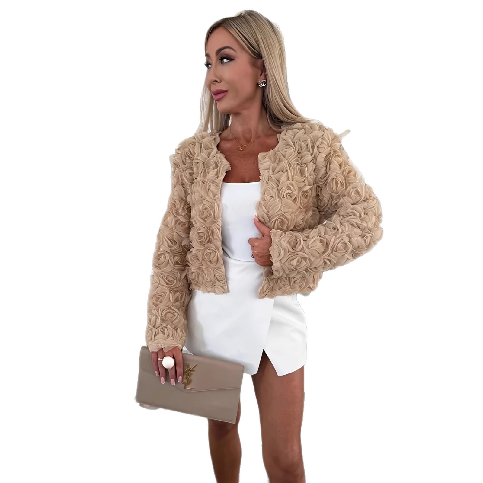 Womens Fashion Solid-color Long-sleeve Cropped Jacket Coat — foto 5