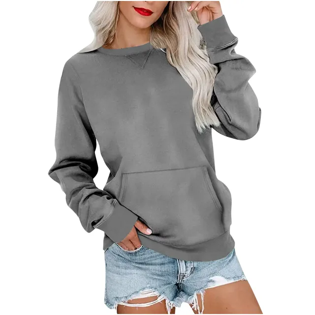 Women's Pin Solid Color Round Neck Loose Long sleeved Sweater Gray - Shop at LoveMi