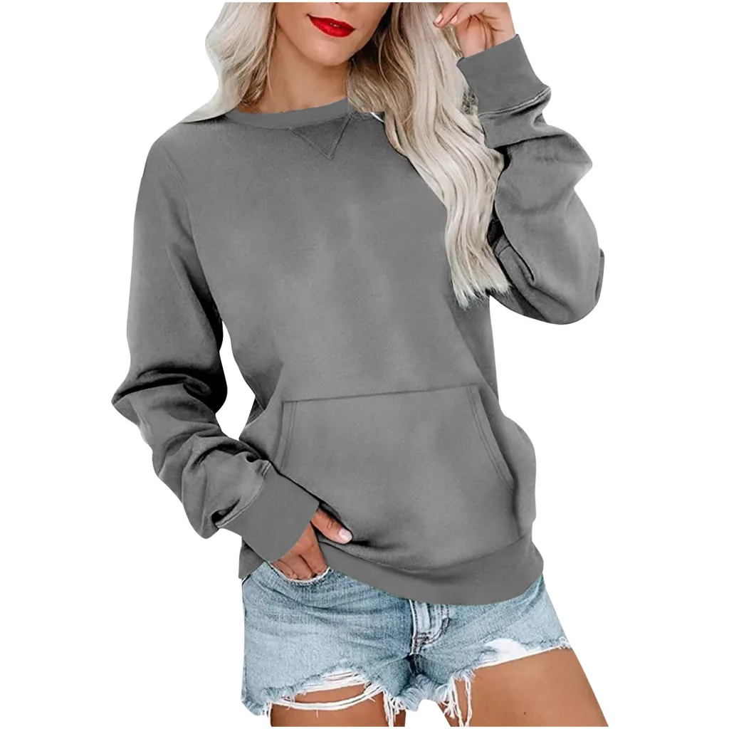 Women's Pin Solid Color Round Neck Loose Long-sleeved Sweater - Gray