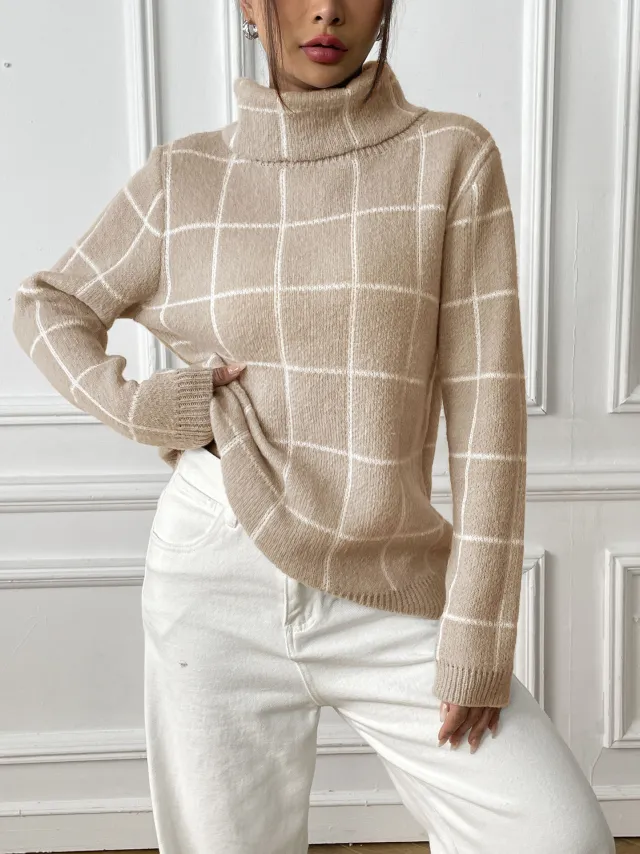 Women's Pullover Color contrast Check Turtleneck Sweater Khaki - Shop at LoveMi