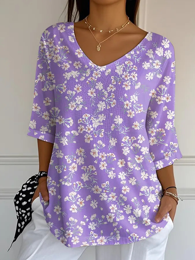 New 3D Printed Women's European And American Fashion Floral V-neck Shirt Top - Image 5