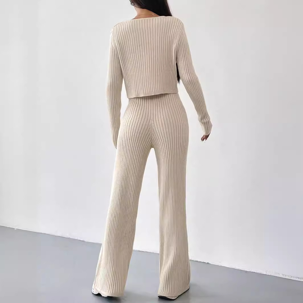 Fashion Casual Straight Pants Loose Temperament V-neck Sunken Stripe Knit Two-piece Suit