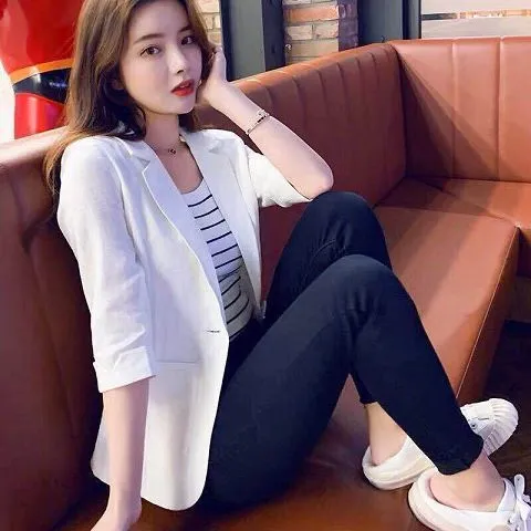 Spring And Summer Leisure Versatile Suit Coat White - Shop at LoveMi