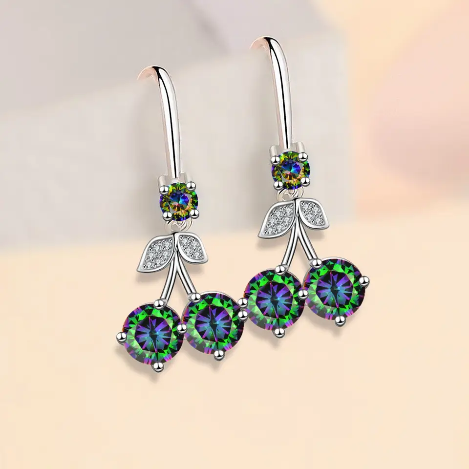 Cherry Inlaid Mid-length Color Zircon Earrings