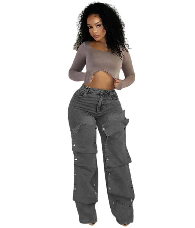 Women's Button High Waist Straight Jeans Gray - Shop at LoveMi